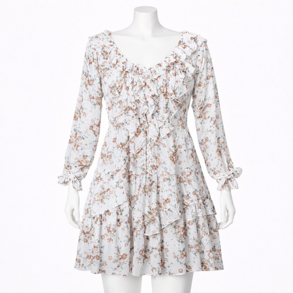 Marissa Webb Floral Mini Dress Women 4 White Ruffle Tiered V-Neck‎ Long Cottage